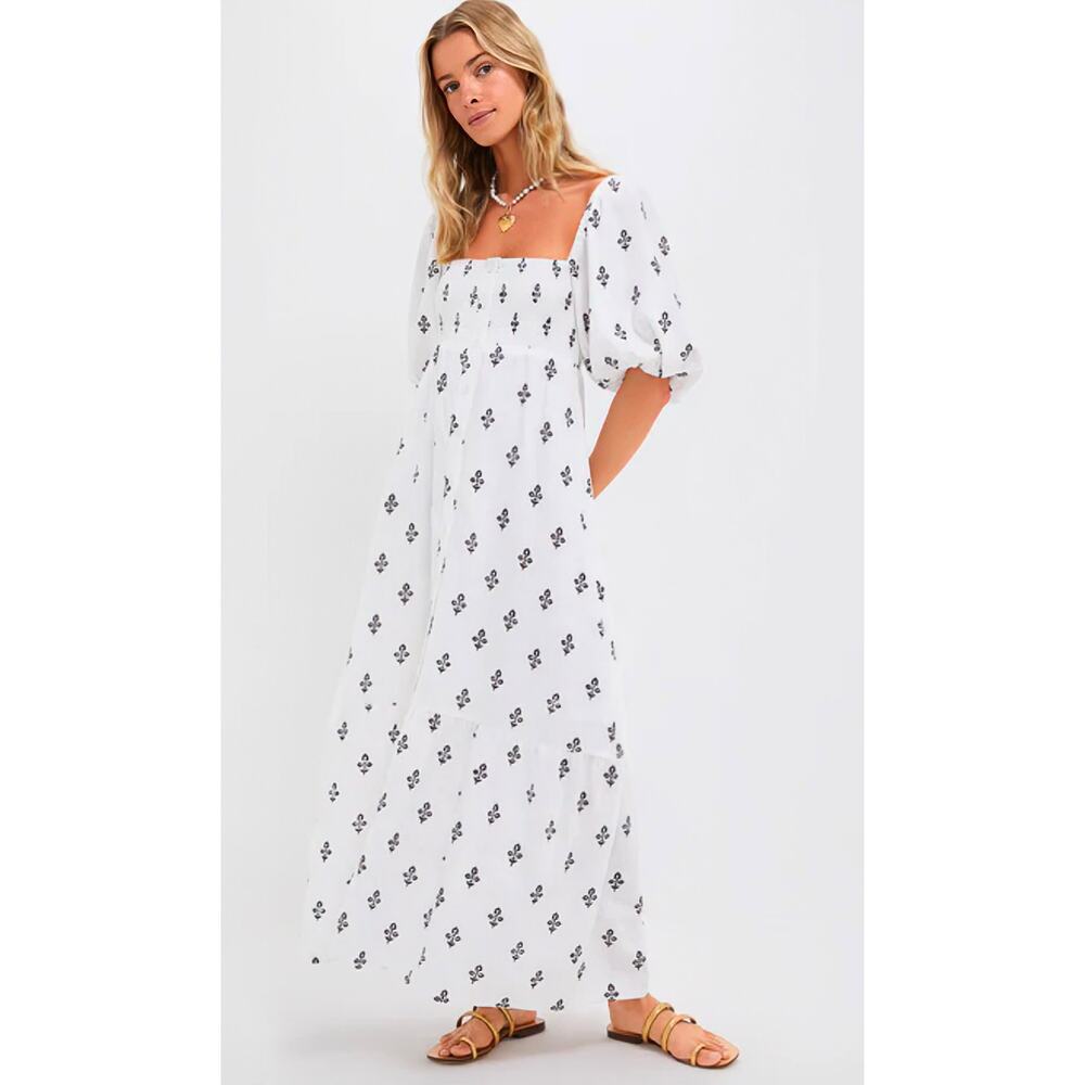 Love Tomas Emerson Blackberry White Black Print Smocked Puff Sleeve Midi Dress S